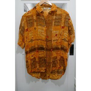 Vintage 90s Button Up Shirt Abstract Print Glass Beads Embroidery Safari Sheer